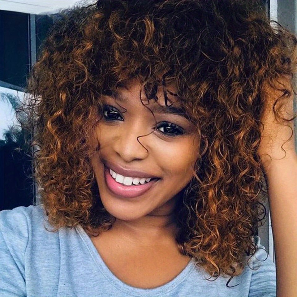 25.4 cm Short Pixie Afro Kinky Curly Bob Human Hair Wigs with Bangs for Women Brazilian Remy Hair Ombre Brown Bug Colored Wigs - Image 48