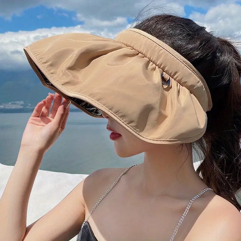 Headband Shell Hat, Sun Hat with Open Top for Women, Summer Sun Visor with Wide Brim, Shell-Shaped Hat for Cycling and Outdoor Activities, Foldable Black Vinyl Sun Hat, Black Vinyl Bucket Hat, Beach Hat