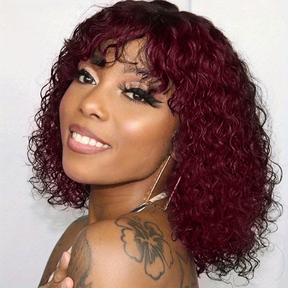 25.4 cm Short Pixie Afro Kinky Curly Bob Human Hair Wigs with Bangs for Women Brazilian Remy Hair Ombre Brown Bug Colored Wigs - Image 42